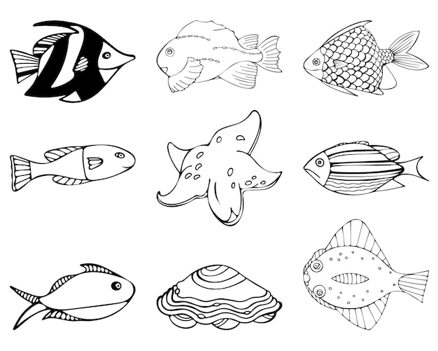 Vector set of black and white fish in doodle style