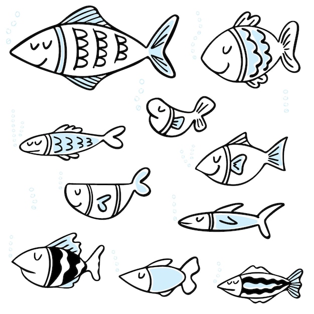 Vector set of black and white fishes in doodle ink style hand drawn illustration