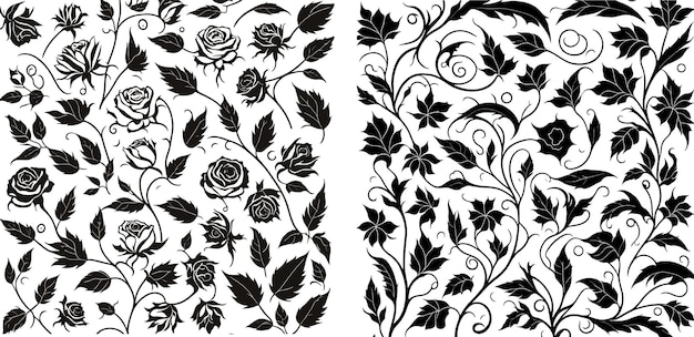 A set of black and white floral designs.