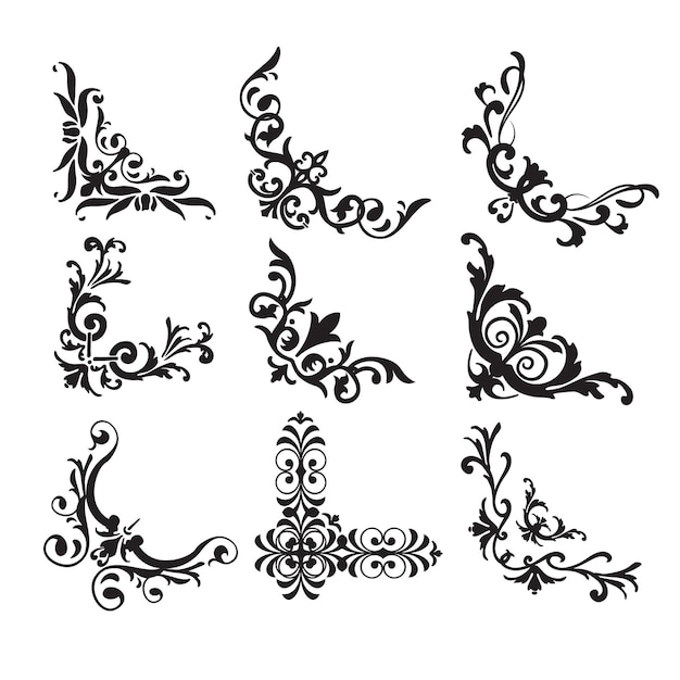 A set of black and white floral elements.