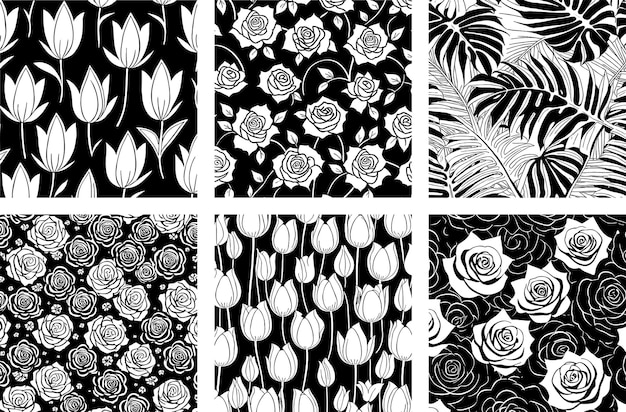 A set of black and white floral patterns with roses and leaves.