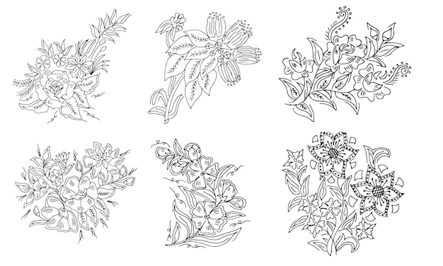 A set of black and white flowers with different designs.