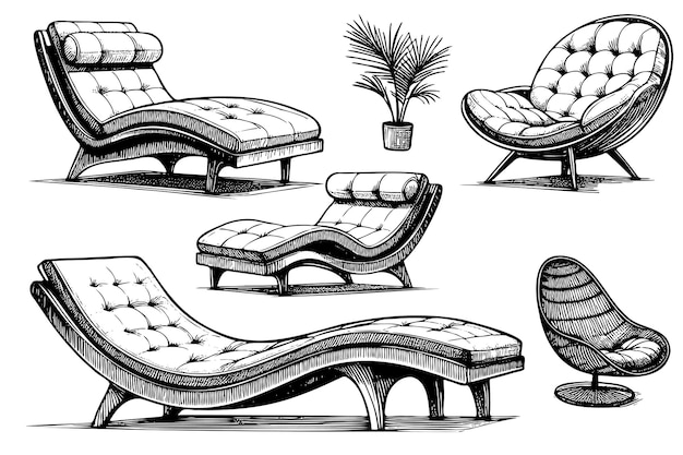 Vector a set of black and white furniture including a chaise lounge chair