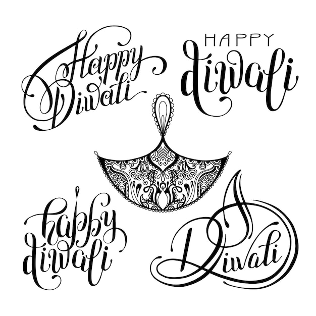 Vettore set di elementi di design con disegno a mano in bianco e nero per la celebrazione del diwali