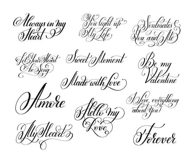 Vector set of black and white hand written lettering about love to valentine day design