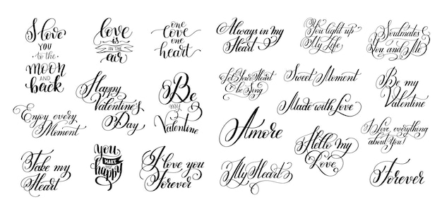 Set of black and white hand written lettering about love to valentines day design poster