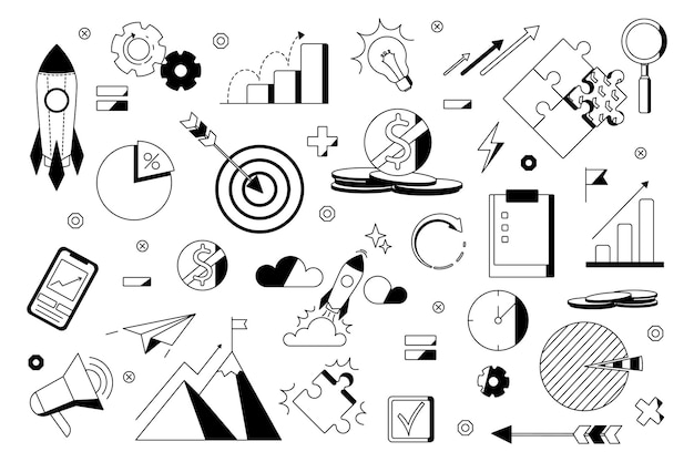 Vector set of black and white icons for business startup company planning