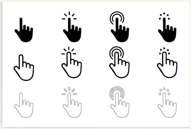 A set of black and white icons with the cursor cursor pointing to the right