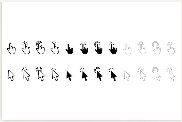 Vector a set of black and white icons with the cursor cursor pointing to the right