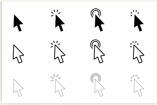 A set of black and white icons with the cursor cursor pointing to the right