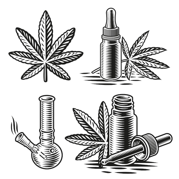 Una serie di illustrazioni in bianco e nero per il tema della cannabis in stile incisione.