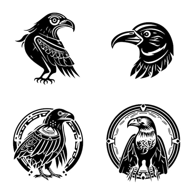 A set of black and white illustrations of a raven and a crow.