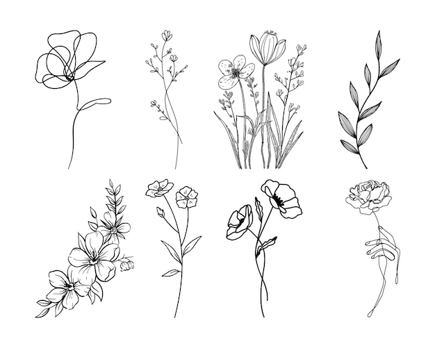 Vector set of black and white line art flowers
