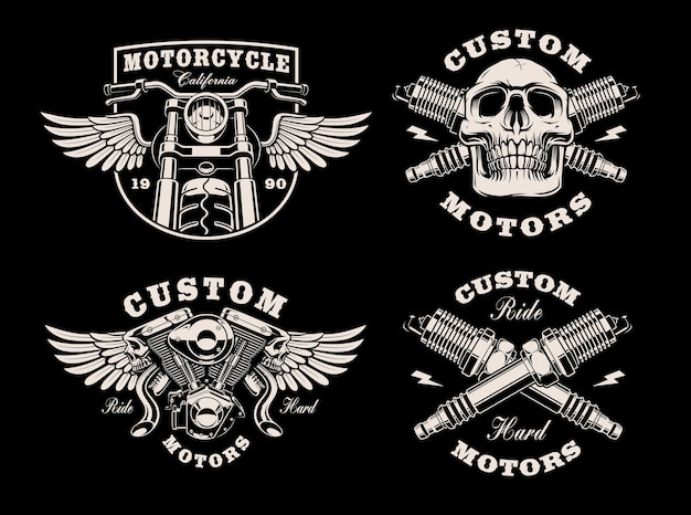 set of black and white motorcycle emblems on dark