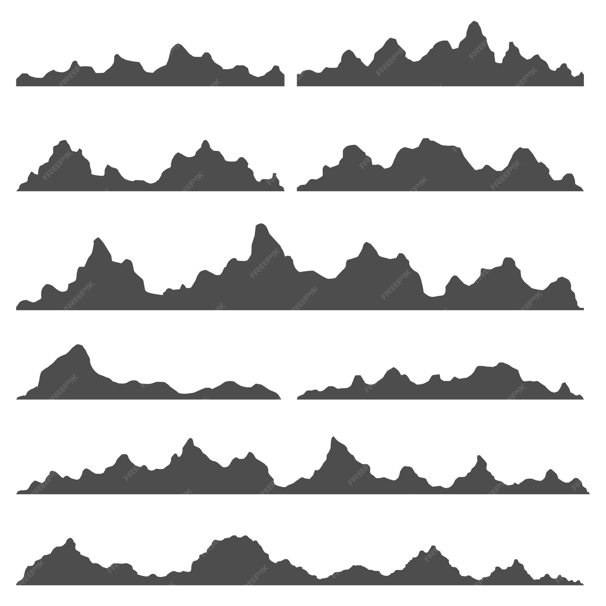 Premium Vector Set of black and white mountain silhouettes highlands rocky landscapes hills vector