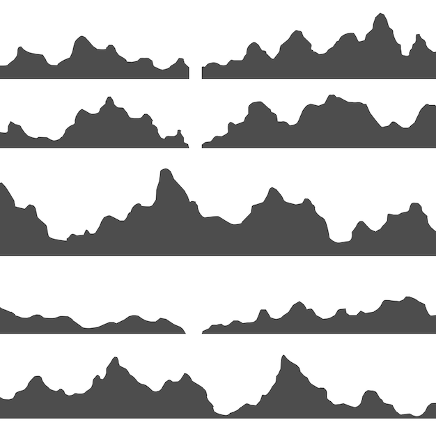 Набор черно-белых горных силуэтов горных скалистых пейзажей холмов Вектор