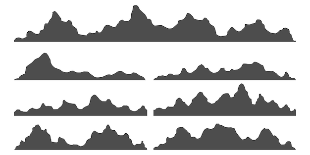 Set of black and white mountain silhouettes highlands rocky landscapes hills vector