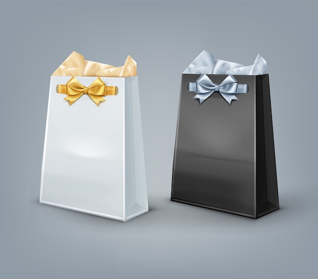 set of black and white paper gift bags with bowls isolated on background