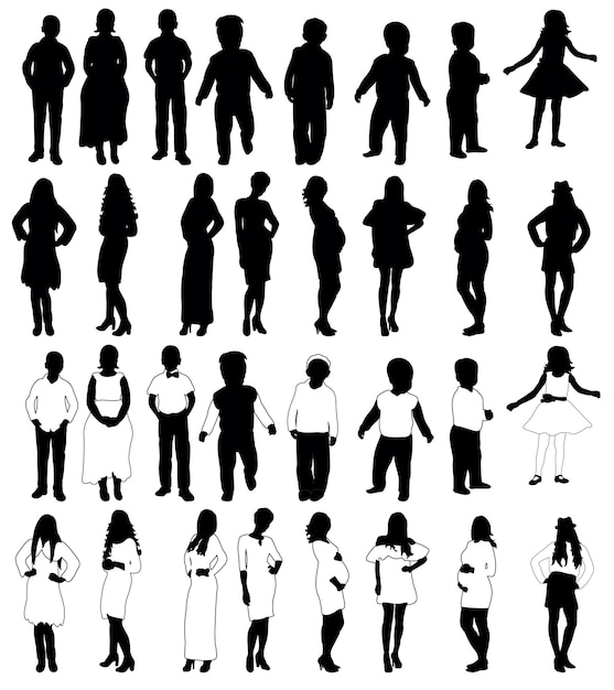 Set of black and white people silhouettes vector