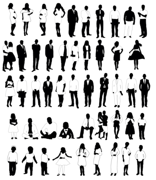 Vector set of black and white people silhouettes