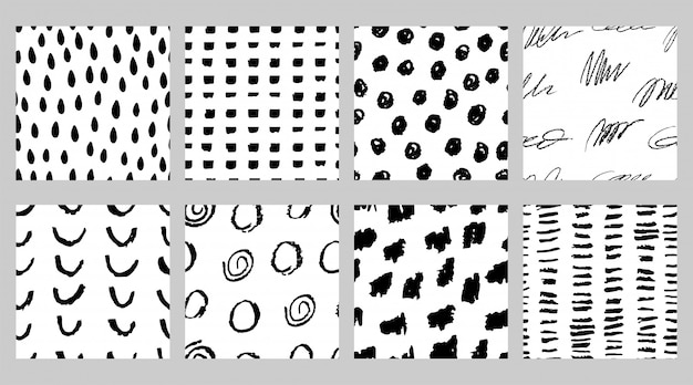 Set di modelli senza cuciture in bianco e nero con pennarello e inchiostro in stile scandinavo minimalista