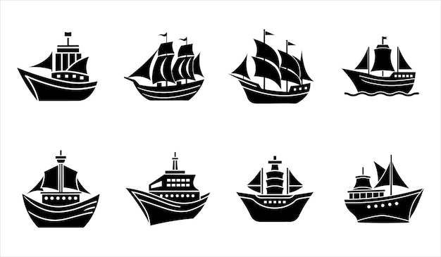 set of black and white ship icons