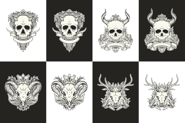 Set of black and white skulls and horns with vintage floral ornament illustration