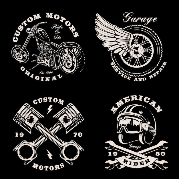 Vettore set di emblemi vintage in bianco e nero per tema motociclistico su oscurità