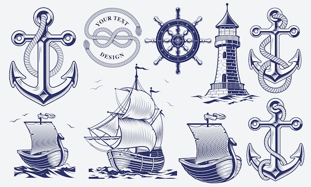 Vector set of black and white vintage nautical illustrations