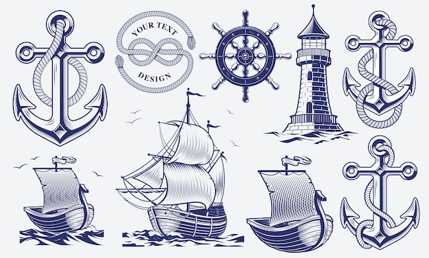 Set of black and white vintage nautical illustrations