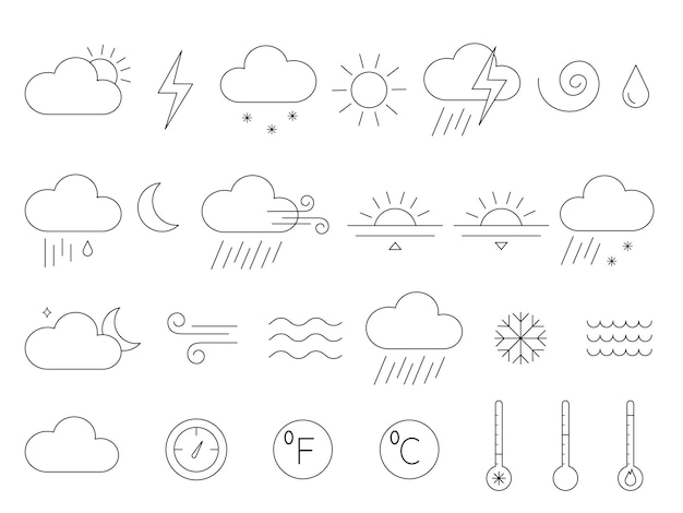 Set di icone meteorologiche in bianco e nero in stile linea elementi vettoriali con diversi fenomeni naturali perfetto per un'applicazione o un sito web