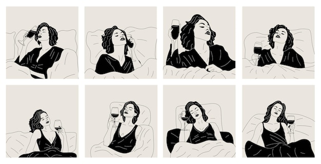 Set of Black and white woman drinks a glass of wine in bed Vector Wine time