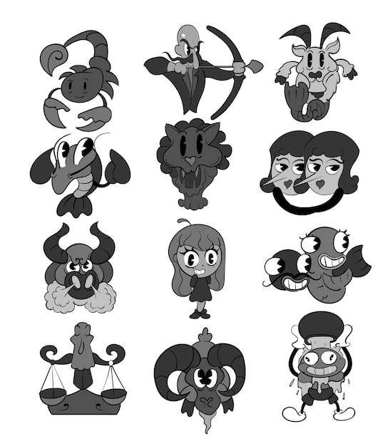 Un set di segni zodiacali in bianco e nero vintage toons divertente personaggio illustrazione vettoriale trendy classico retrò stile cartone animato anni '30