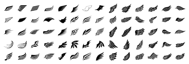 Set of black wings icons Wings badges Collection wings badges Vintage Angel Wings Silhouette Vector illustration