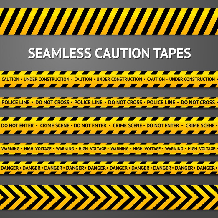 Vector set of black and yellow seamless caution tapes with different signs. police line, crime scene, high voltage, do not cross, under construction etc.