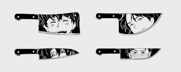 Set di lame con facce anime manga quattro diversi coltelli con personaggi anime in stile manga