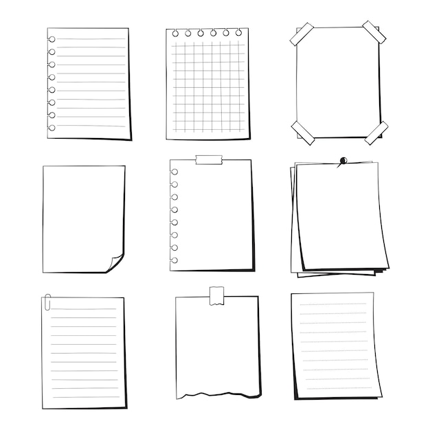 Set blanco vellen papier, met de hand getekende illustraties, tekening in komische stijl