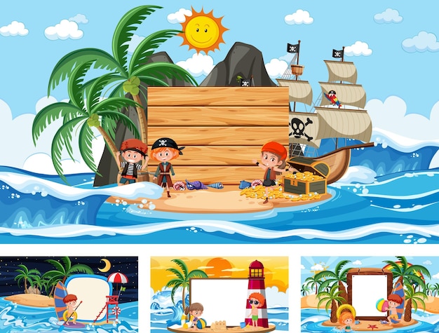 Set di banner vuoto in diverse scene di spiagge tropicali