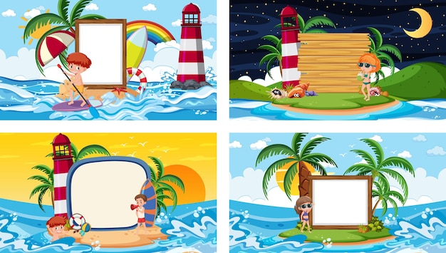 Vector set of blank banner in different tropical beach scenes