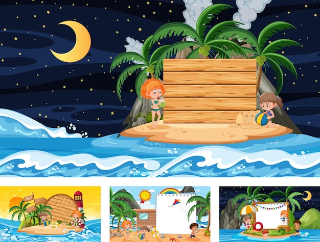 Set di banner vuoto in diverse scene di spiagge tropicali