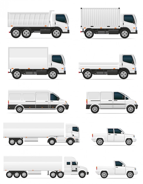 Vettore insieme delle automobili e del camion in bianco per l'illustrazione di vettore del carico del trasporto