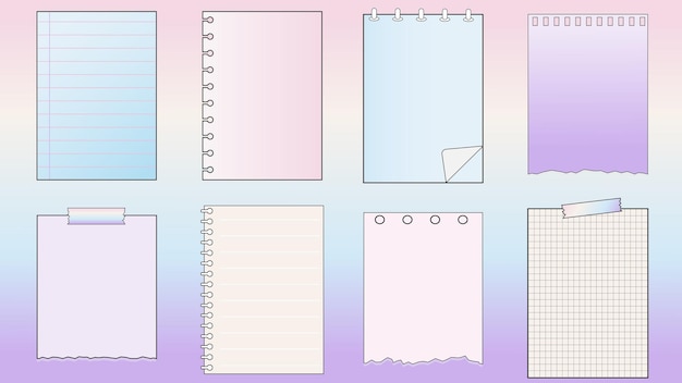무지개 배경에 귀엽고 화려한 빈 다채로운 종이 템플릿 세트 인쇄 가능한 줄무늬 메모 플래너 저널 미리 알림 메모 체크리스트 메모 쓰기 패드