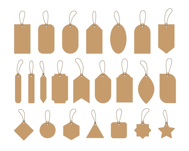 Set blank craft paper price tags and labels with strings.