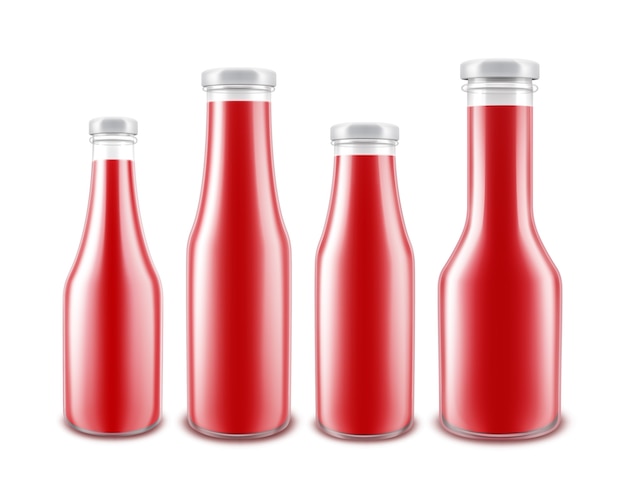 Set di vetro bianco lucido rosso pomodoro ketchup bottiglia di diverse forme per il branding senza etichetta isolati su sfondo bianco