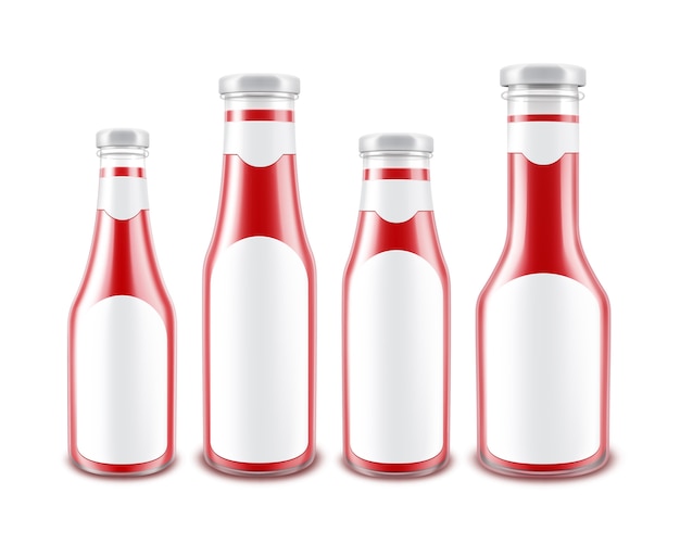 Set di bottiglie di ketchup di pomodoro rosso lucido vetro bianco di diverse forme per il branding con etichette bianche isolate su priorità bassa bianca