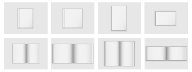 Vector set of blank magazine album or book mockup on gray background