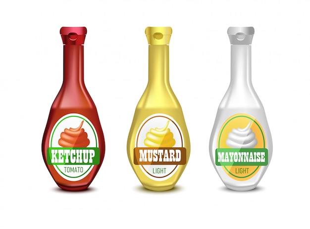 Set di maionese in plastica vuota, senape e bottiglia di ketchup per il marchio con etichetta