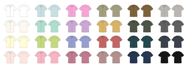 空白のシャツとボタンのテクニカル スケッチのセット ユニセックス カジュアル シャツ モックアップ コレクション