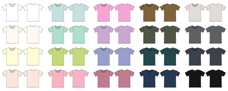 空白のTシャツのアウトラインスケッチのセット。アパレルTシャツCADデザインコレクション。分離された技術的なファッションベクトルイラストバンドル。モックアップテンプレート。フロントとバックのベクトル。