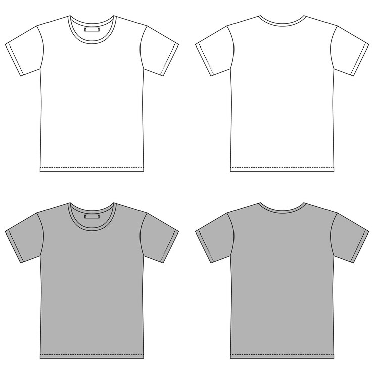 空白のTシャツのアウトラインスケッチのセット。アパレルTシャツCADデザイン。孤立したテクニカルファッションイラスト。フロントとバックのベクトル。黒とグレー。モックアップテンプレート。